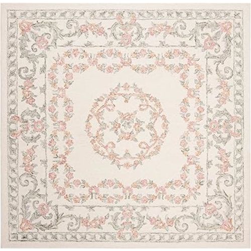 SAFAVIEH Aubusson Collection Area Rug - 8' Square, Ivory & Pink, Handmade Traditional Wool, Ideal for the Living Room, Bedroom, Dining Room (AUB102A-8SQ)