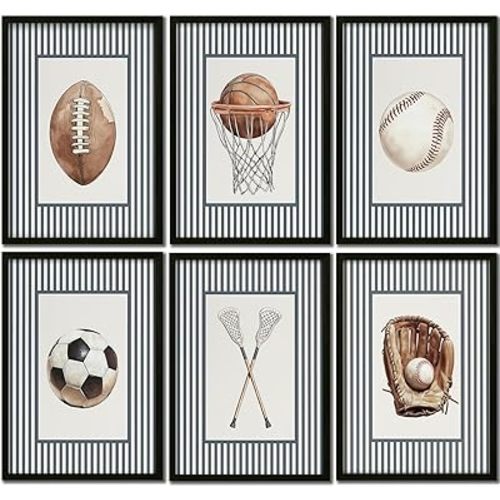 CHTEXA Set of 6 Vintage Sports Wall Art Decor, 16x12 Inch Unframed Neutral Sports Ball Prints for Boys Room Bedroom Playroom, Classic Football Basketball Baseball Soccer Lacrosse Posters