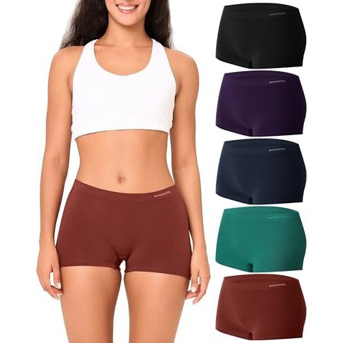 BAMBOO COOL Women's Boyshort Panties Seamless Mid Waist Underwear Stretchy Moisture Wicking Boxer Briefs for Ladies 5 Pack