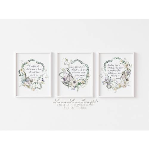 Set of Three HP Inspirational Quotes | Floral Pastel Watercolor Printable Wall Art | Whimsical Wizard Magic School Print | Digital Download