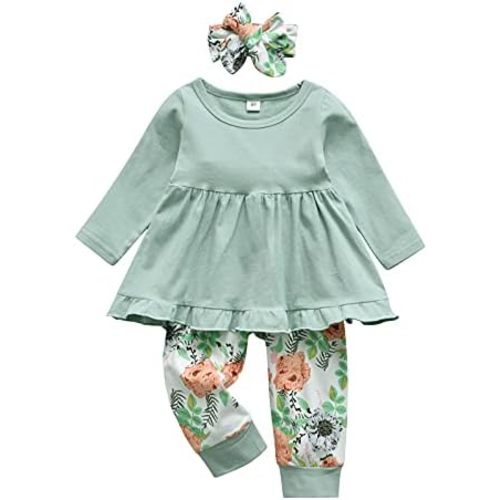 Kulcerry Toddler Baby Girl Clothes Solid Color Long Sleeve Ruffle Tops Pants Headband Outfits Set