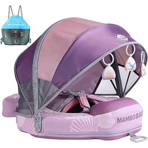 Mambobaby Float Add Tail Baby Swim Float with Canopy Solid Pool Infant Swim Trainer Swimming Training Lying Air Free Water Floats Non-Inflatable Waist Swim Ring for Toddlers (Shell - Purple)
