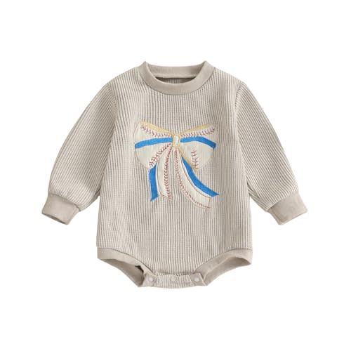 Lamuusaa Newborn Baby Girl Clothes Long Sleeve Baseball Bow Embroidery Romper Pullover Sweatshirt Waffle Fall Outfits