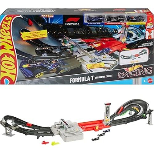 Hot Wheels Toy Car Track Set, Formula 1 Grand Prix Circuit Track Set with 3 1:64 Scale Die-Cast Toy Cars, Two Modes of Racing with a Motorized Booster