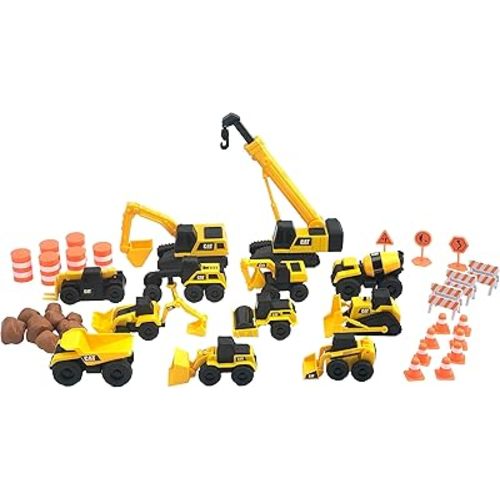 CAT Construction Toys, Little Machines Mega Set – 40+ Pieces with XL Crane & Excavator, 10 Mini Vehicles, Road Signs, Cones, Boulders & Barricades, Indoor/Outdoor STEM Toy for Kids Ages 3 +