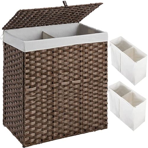 Greenstell Laundry Hamper with lid, No Install Needed, 110L Wicker Laundry Baskets Foldable 2 Removable Liner Bags, 2 Section Clothes Hamper Handwoven Rattan Laundry Basket with Handles, Brown