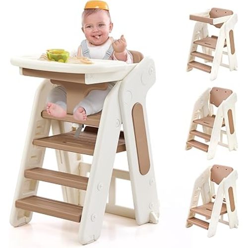4-in-1 Convertible Toddler Step Stool, Adjustable Height Toddler Tower, Foldable Standing Tower with Safety Fence & Removable Dining Tray, Kids Step Stool for Kitchen Counter Bathroom Sink (Khaki)