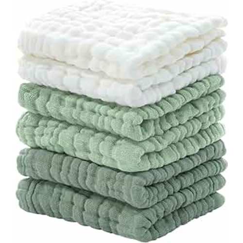 Looxii Muslin Baby Washcloths 6 Pack, 100% Cotton Baby Wash Cloths for Baby Face Body, 12x12 inches Large Soft Absorbent Face Towels for Newborns Gradient Green
