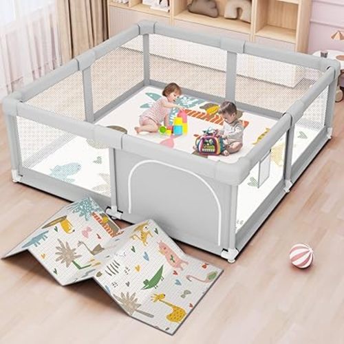 Baby Playpen with Mat 50x50 Inch, Playpen for Babies and Toddlers with Gate, Baby Fence Sturdy Safety Playpen, Indoor & Outdoor Kids Activity Center