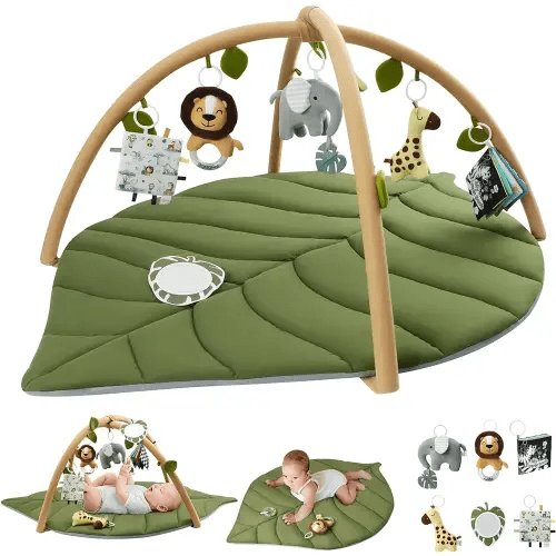 Blissful Diary Baby Play Gym & Activity Mat, Oversize Leaf Shaped Baby Play Mat w 6 Detachable Toys, Tummy Time Mat Promote Motor Skills & Sensory Development Mat, Newborn Infant Baby Essentials Gift