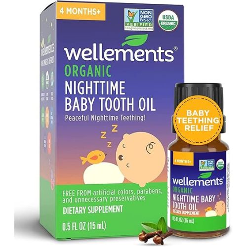 Wellements Organic Nighttime Baby Tooth Oil for 4 Months+ (0.5 Fl Oz) - Baby Teething Relief Oil* for Soothing & Massage for Tiny Gums* - Organic Blend of Essential Oils & Sleepy Time Herbs*