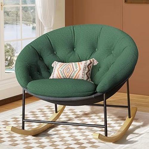 Kidirect Rocking Chair Nursery, Modern Upholstered Nursery Rocking Chairs with Cozy Cushion Wide Comfy Papasan Chair Glider Recliner with High Back for Reading, Suitable for Living Room/Bedroom(Green)