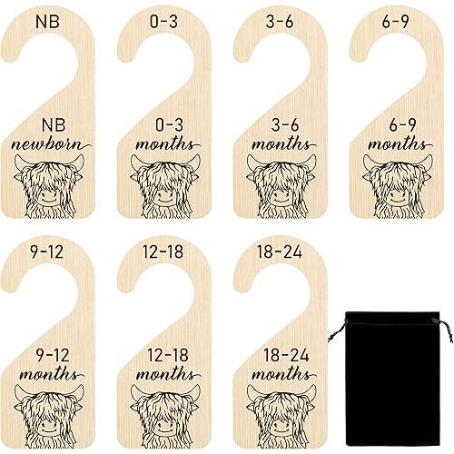 R HORSE 8Pcs Highland Cow Baby Closet Dividers, Double Sided Baby Closet Organizers Nursery Hanger Dividers Wood Size Dividers for Boy Girl Birthday Christmas Gift (0-24 Months)