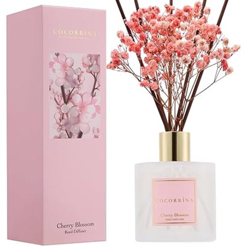 COCORRÍNA Reed Diffuser - Cherry Blossom 6.7 Fl.oz Reed Diffuser Set with Sticks & Preserved Baby's Breath, Reed Diffuser for Home Bathroom Shelf Decor