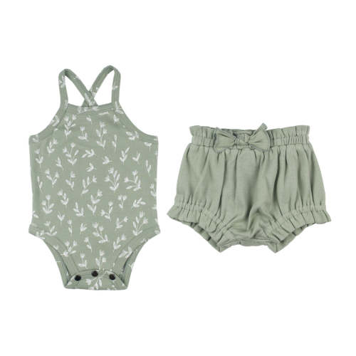 Organic Criss-Cross Bodysuit and Ruffle Bloomer Set in Seafoam Bloom – L'ovedbaby