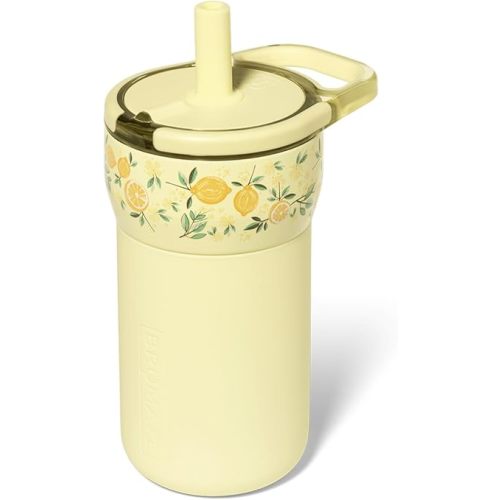 BrüMate Leap 12oz 100% Leakproof Kids Tumbler with Handle and Silicone Soft Straw | Durable Drop Resistant Silicone Sleeve | Made of Insulated Stainless Steel | Cup Holder Friendly | (Limoncello)