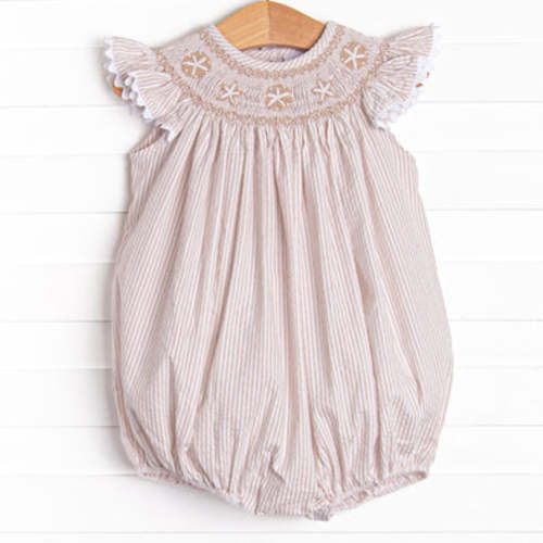 Beach is Better Smocked Bubble, Tan Seersucker – Stitchy Fish