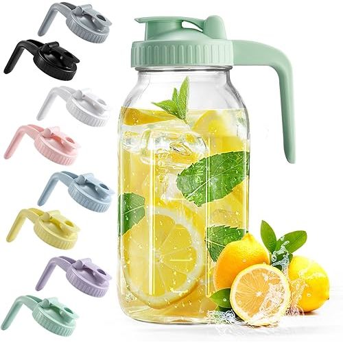 Mason Jar with Pour Spout Lid V-shaped, 2 Quart Iced Tea Pitcher Double Leak Proof, 64 oz Drink Pitcher for Breastmilk, Sun Tea, Juice, Coffee Creamer, Formula Pitcher