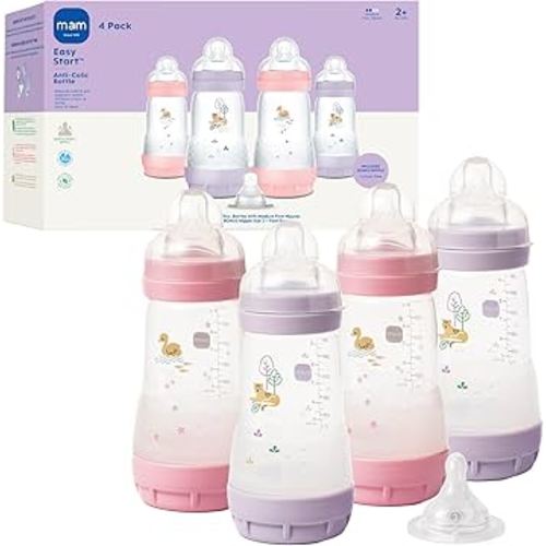 MAM 9oz Easy Start Anti-Colic Baby Bottles, Medium Flow with Bonus Fast Flow Nipple, Breastfeeding-Like Silicone, Reduces Colic and Gas, Easy-to-Clean, BPA-Free, 2 Plus Months