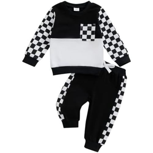 Checkered Baby Boy Outfits Toddler Checkerboard Patchwork Fall Winter Clothes Long Sleeve Sweatshirts Pant 2Pcs Set