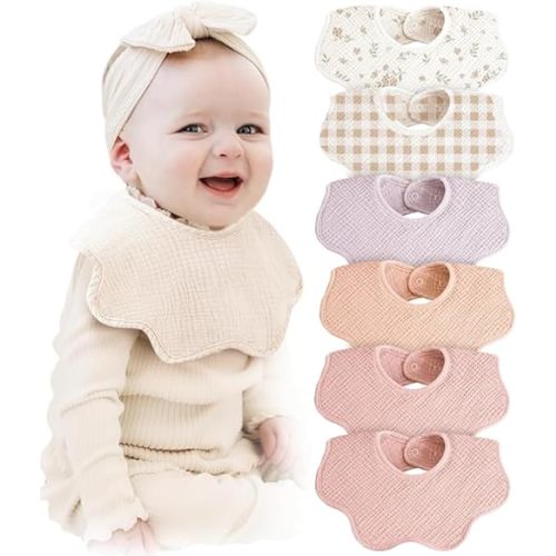 Konssy Muslin Baby Bibs 100% Cotton Absorbent Bandana Drool Bibs for Teething and Drooling, 6-Pack for Baby Boys & Girls