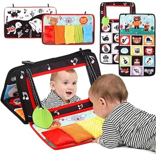 Susimond Tummy Time Floor Mirror, High Contrast Black and White Baby Mirror Toys with Crinkle Cloth Books, Non-Toxic Activity Development Floor Toys for 0 3 6 Month Infant Newborn Toys