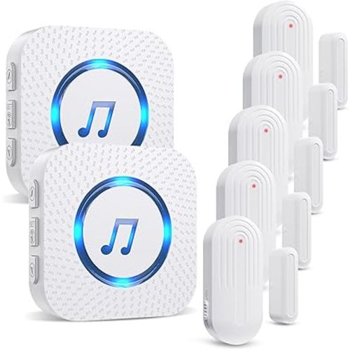 SanJie Door Chimes When Door Opens for Home - Door Alarm with Chime Adjustable Volume,5 Magnetic Door Sensors & 2 Plug-in Receivers - Door Open Chime - Indoor Range 500ft 2 Receivers + 5 Sensors
