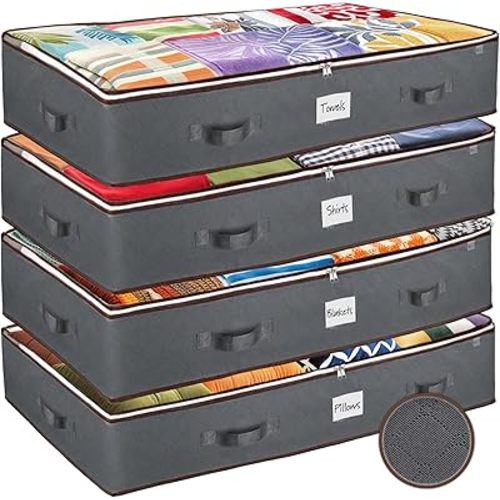 Under Bed Storage Bins - Pack Of 4 Under The Bed Storage Containers For Clothes, Blankets, Winter Clothing, & Shoes - Underbed Storage Containers With Handles, Dual Zippers, & Clear Top