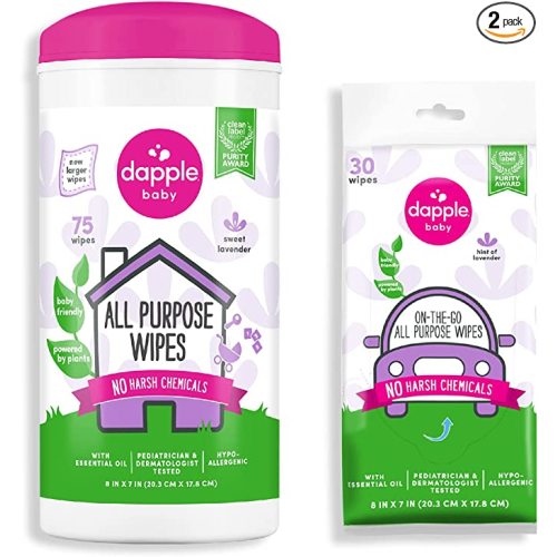 dapple All Purpose Wipes Baby, Hint of Lavender, 75 Count Canister + 30 Count Pouch - Plant Based & Hypoallergenic Cleaning Wipes - Canister and Wipes - 75 Count (Pack of 1) + 30 Count (Pack of 1)