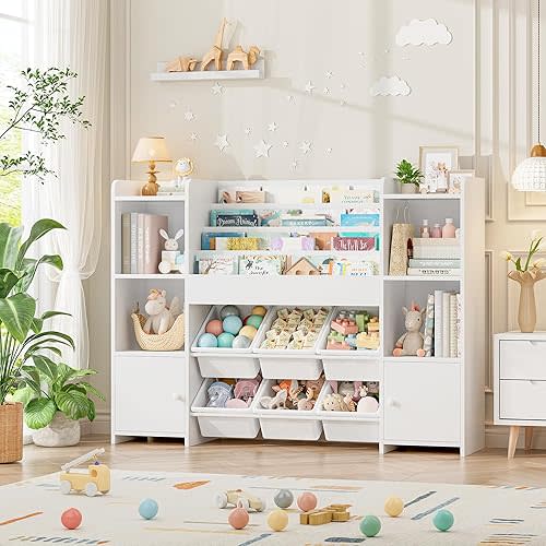 FINETONES Toy Storage Organizer with 6 Toy Bins, Toy Organizer Kids Bookshelf with 6 Cubbies, Toy Organizers and Storage Bins Playroom Storage for Kids Room, White