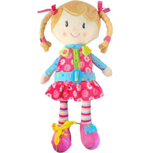 Sugar Snap Plush Doll for Toddlers Learn to Dress Montessori Toy - Dress Me Doll - Zipper, Snaps, Buttons, Buckle, Shoe Tying Practice - Educational Toy for 2 3 Year Old Girl - Montessori Doll - 15"