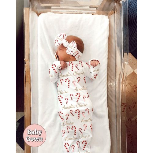 CHRISTMAS BABY GOWN, Candy Cane Name Announcement Baby Name Reveal Personalized Baby Shower Gift Hospital Going Home Outfit Swaddle Blanket