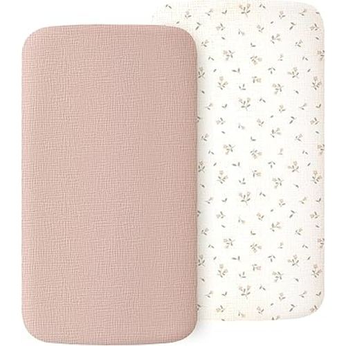 2 Pack Muslin Fitted Bassinet Sheets for Babies, Soft & Breathable 100% Cotton Bedside Sleeper Bassinet Sheet, Moses Basket Oval Rectangle Pad/Mattress (Pink Blossom)