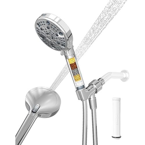 Filtered Handheld Shower Head for Hard Water, High Pressure Showerhead with 7 Spray Modes, Power Jet & Pause, Detachable & Adjustable for Healthier Skin & Hair - Chrome(VMASSTONE HM-003)