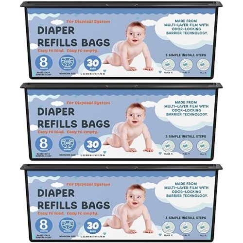 Diaper Pail Refills Bags with 30 Bags Compatible with Genie Easy Roll Signature Diaper Pails and Platinum Diaper Pails, Lasts Up to 8 Months, 7-Layer Odor-Barrier Technology, 3 Pack (90 Bags)