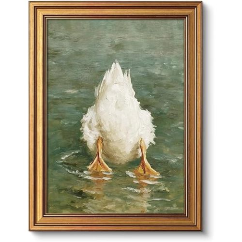 ARPEOTCY Vintage Gold Framed Duck Wall Art, Whimsical Farm Animal Painting Wall Decor for Bathroom Bedroom Living Room, Printed Canvas Artwork, Classic Cottage Farmhouse Picture, 12x16 Inch