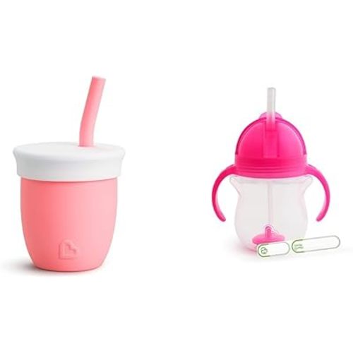Munchkin C’est Silicone! Open Training Cup with Straw for Babies and Toddlers 6 Months+, 4 Ounce, 1 Pack, Coral & Any Angle™ Weighted Straw Trainer Cup with Click Lock™ Lid, 7 Ounce, Pink