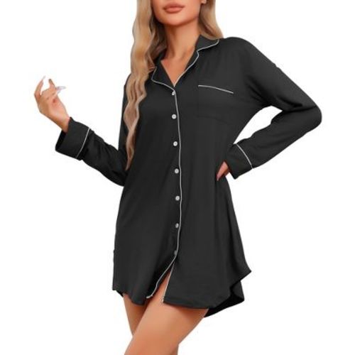cheibear Womens Nightgown for Women Long Sleeve Sleepshirt Button Down Notch Collar Boyfriend Nightshirt Sleepwear Small Red
