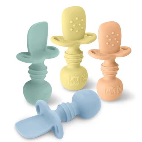 LittleWhispers Baby Silicone Spoons - Self Feeding 6 Months+ - First Stage, Baby Led Weaning - 4 Pack