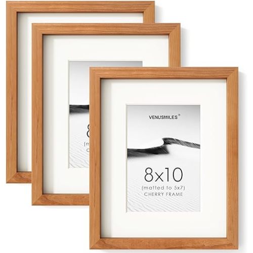 8x10 Picture Frame Set of 3, USA-Sourced Natural Cherry Wood Photo Collage Frame with HD Tempered Glass, Modern Simple 8 x 10 Wooden Frame Matted to 5x7 Gallery Frames for Art Wall or Tabletop Display