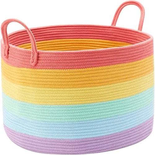 70L Rainbow Storage Basket for Blankets in Living Room Baby Kids Woven Rope Toy Basket for Laundry Nursery Hamper Extra Large