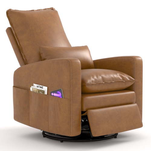 AECOJOY Power Swivel Recliner Chair Faux Leather Glider Swivel Rocker Recliner for Living Room Reclining Sofa Chair for Nursery with USB and Type-C Ports,Brown