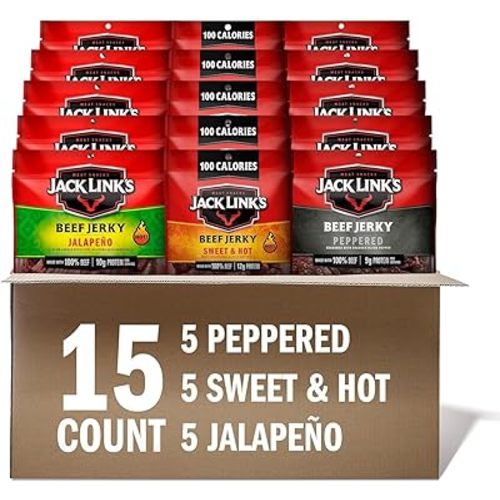 Jack Link's Beef Jerky Bold Variety Pack - Includes Sweet & Hot, Jalapeno and Peppered Jerky, Bulk Protein Snack Pack, Good Source of Protein, Meat Snacks Made with 100% Beef - 1.25 Oz (Pack of 15)