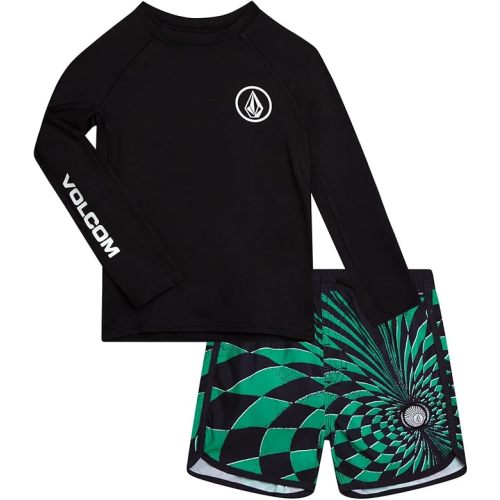 Volcom Baby Boys Swim Set - 2 Piece Long Sleeve Swim Shirt Graphic Tees & Board Shorts, Infant Toddler Little Boys Swimsuit
