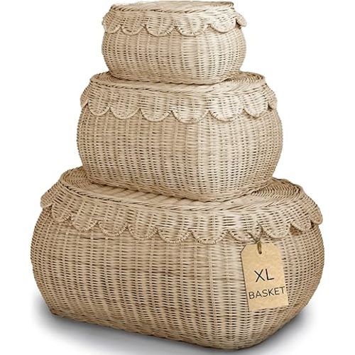 BEBE BASK Large Scalloped Basket Set Of 3 - Hand-Woven & Award-Winning Scallop Basket - XL - Extra Large for Blankets 22 x 16 x 10 In - Elegant Wicker With Scalloped Edge Lid (Natural)