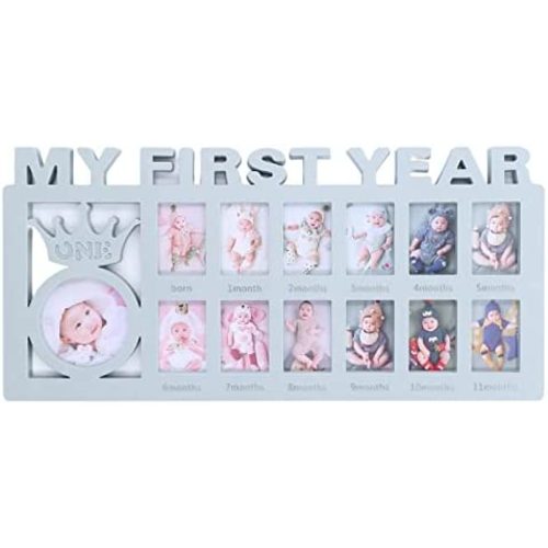 Newborn Baby First Year Picture Frame with 12 Month Slots, Baby Monthly Collage Keepsake Frame for Photo Memories, White(blue)