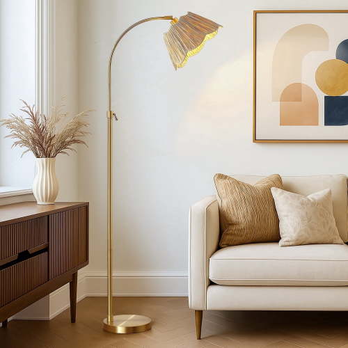 RORIA Modern Curved Gold Floor Lamp Adjustable height from 54 to 64 inches Rustic farmhouse-style paper-woven shade Ideal for living rooms, bedrooms, offices, or beside sofas