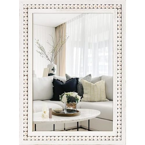 H HOMEWINS Rustic Rectangle Mirror,22x30 Wooden Farmhouse Mirrors,Boho Bathroom Wall-Mounted White Beads Decor Mirror for Bedroom, Living Room,Vanity,Entryway,Over Sink