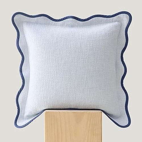 Double Stitch Scalloped Throw Pillow Covers - 100% Cotton Decorative Boho Pillow Covers 20 x 20, Made in India, Square Cushion Case, Modern Home Decor for Couch Sofa Living Room, Arctic Blue