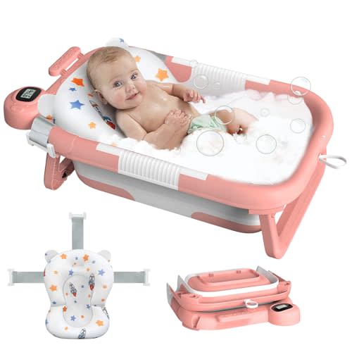 Reeple Collapsible Baby Bathtub, Baby Bath Tub for Newborn to Toddler with Floating Cushion for Bath Support, Portable Baby Tub for Infants with Temp Monitor, 0-36 Months Baby Bath Essentials, Pink